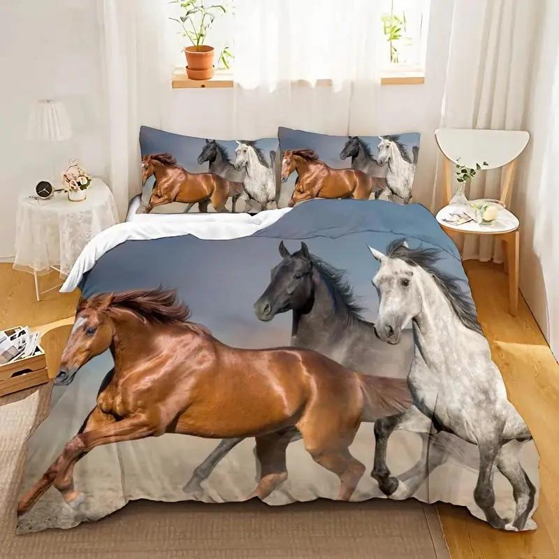 Белый конь Пуховое одеяло Набор Одеяло с принтом животных Удобное постельное белье Набор из трех предметов