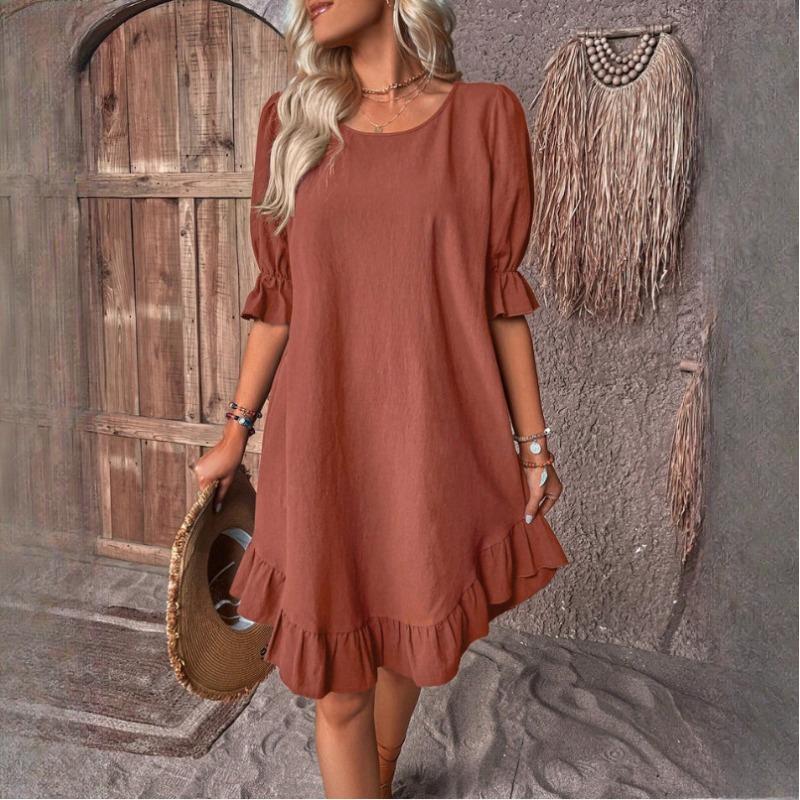 GMXIA Женские винтажные платья весна/лето из хлопка и льна со средними рукавами и круглым вырезом, однотонные, со свободным подолом
