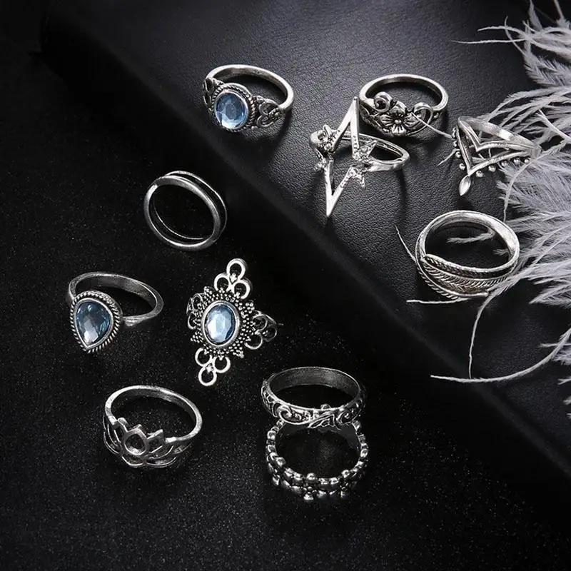 Набор колец на палец из 11 шт. Ретро Сапфировые цветы Boho Корона Звезда Резные фаланговые кольца Женские Помолвочные кольца для женщин