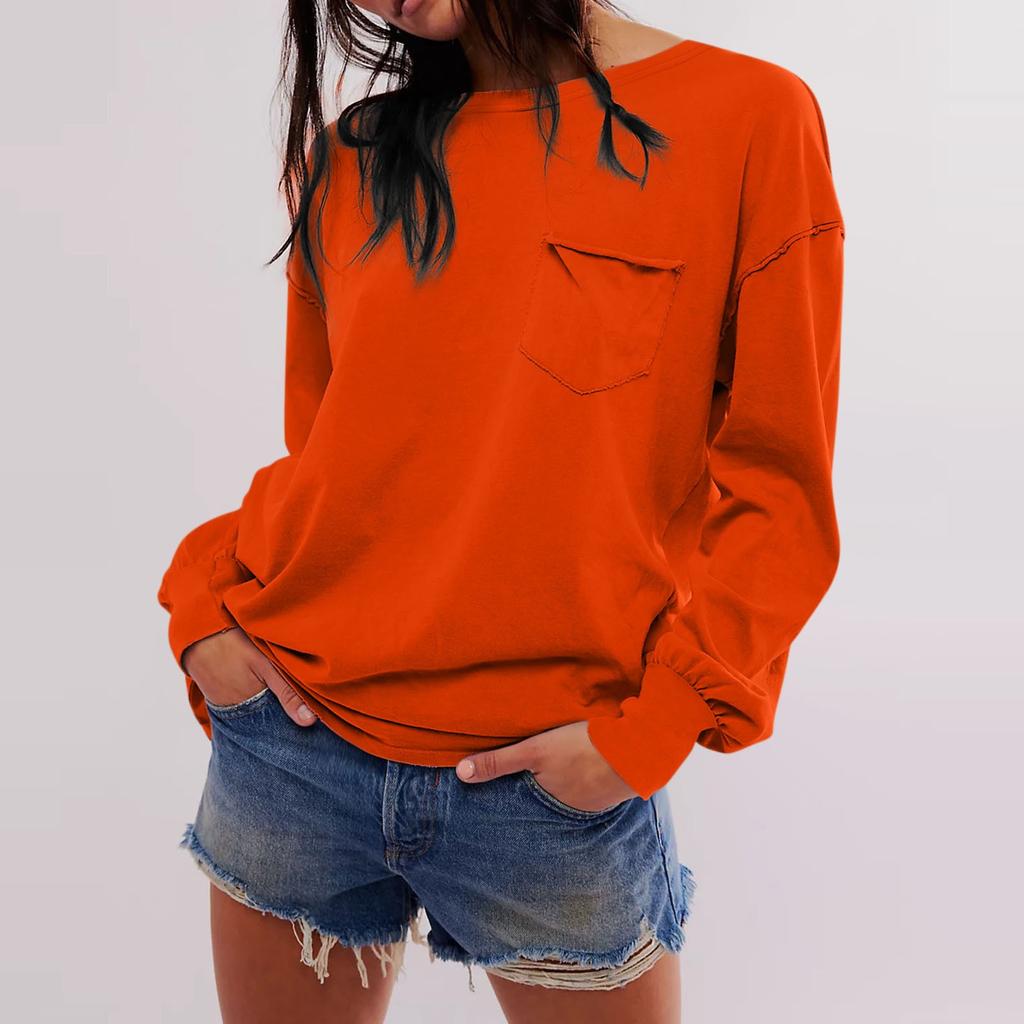 Женская модная однотонная свободная футболка с круглым вырезом и длинными рукавами и карманами