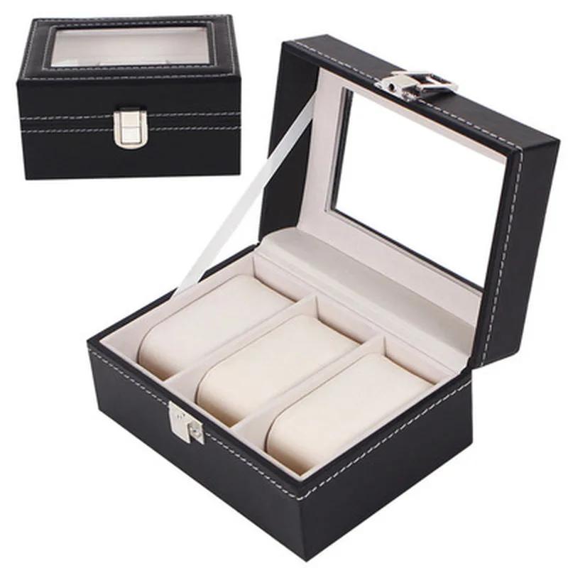2/3/6/12 Grid PU Leather Watch Box Display Stand Black Storage Box Glass Jewelry Storage Box