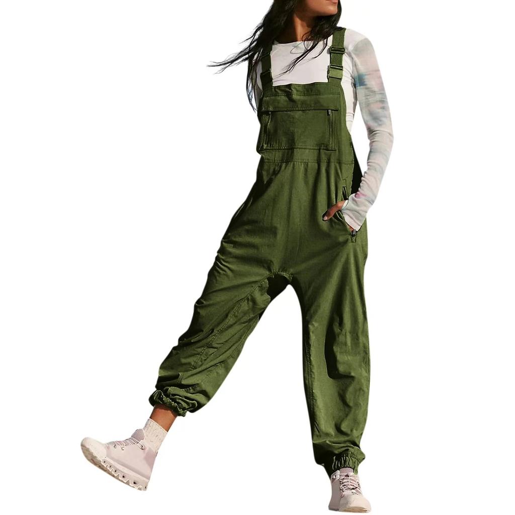 Women's Jumpsuits Summer Fashion Casual Loose Wide Leg Jumpsuits Solid Color Insert Pockets Retro Button Strap Jumpsuits