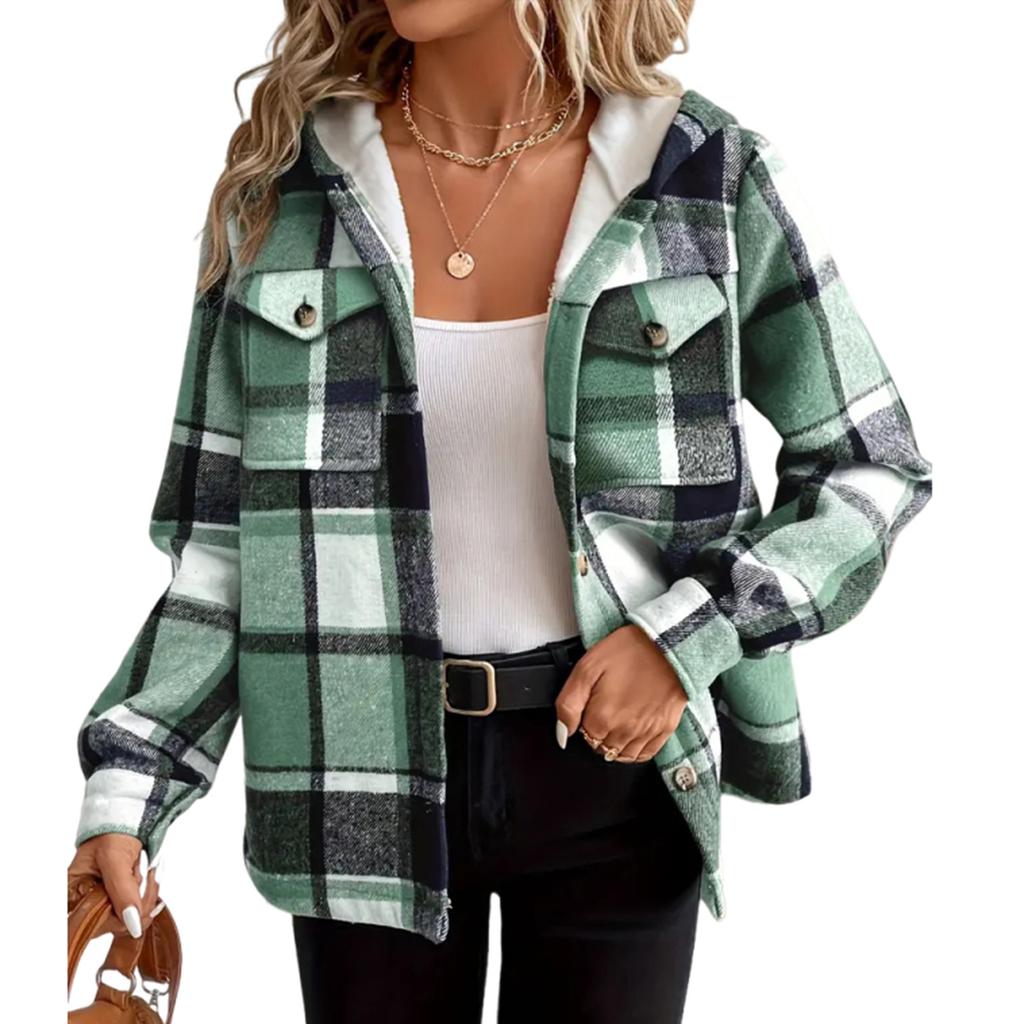 Women's Fashion Casual Loose-Fitting Long-Sleeved Plaid Print Hooded Jacket Baseball Jacket