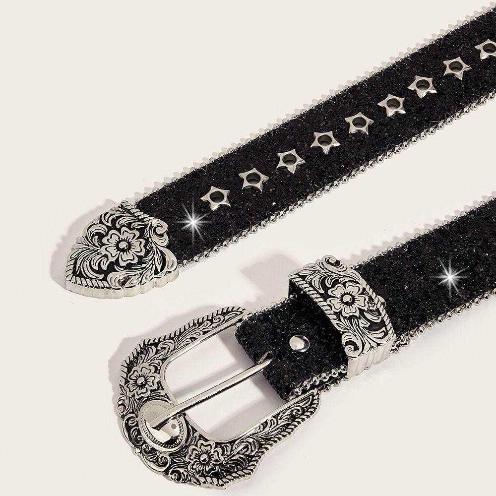 Metal Engraved Buckle Western Cowboy Belt PU Leather Buckle Belt Fashion Waistband  for Men Women
