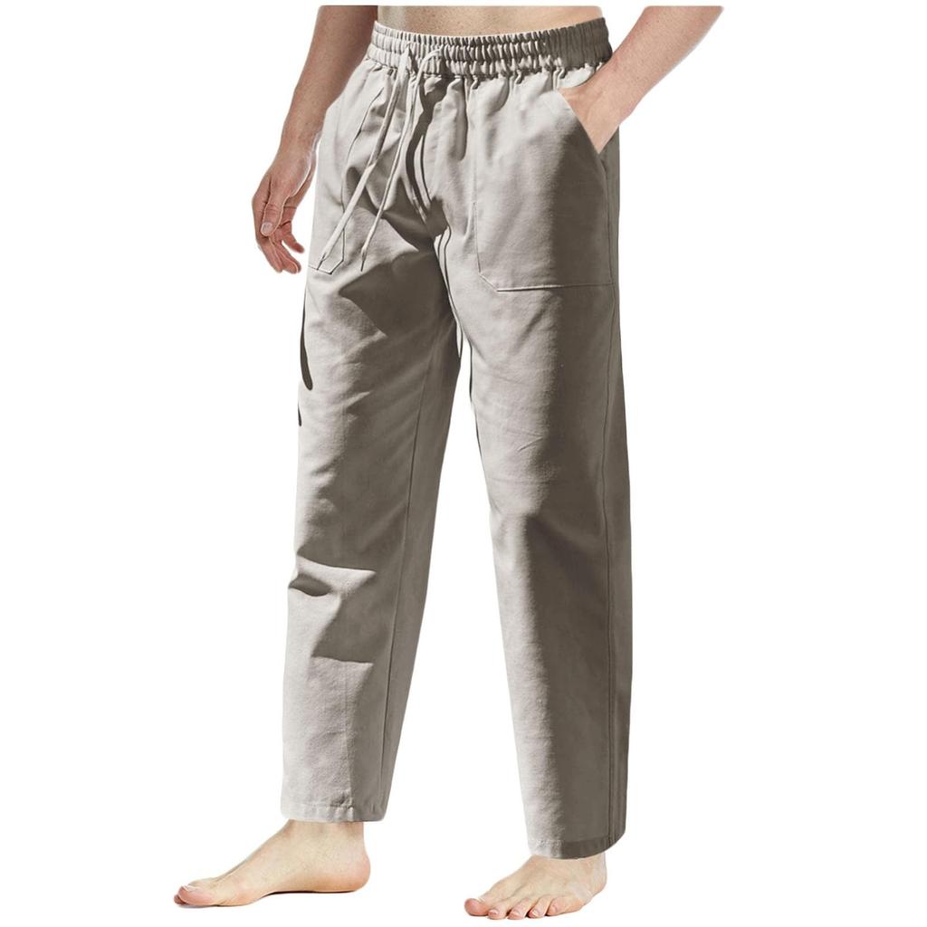 Повседневные брюки из хлопка и льна, мужские летние облегающие спортивные брюки с эластичным поясом и шнурком