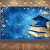 Двусторонний плоский выпускной баннер, Звездное синее небо с выпускной шапочкой и золотыми звездами, Фон для фотосессии на вечеринке