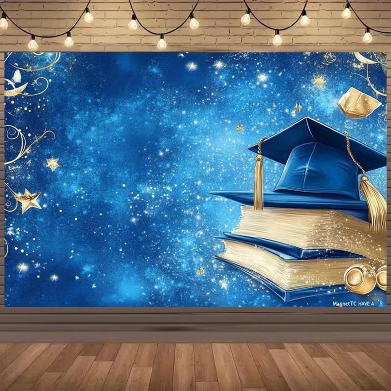Двусторонний плоский выпускной баннер, Звездное синее небо с выпускной шапочкой и золотыми звездами, Фон для фотосессии на вечеринке