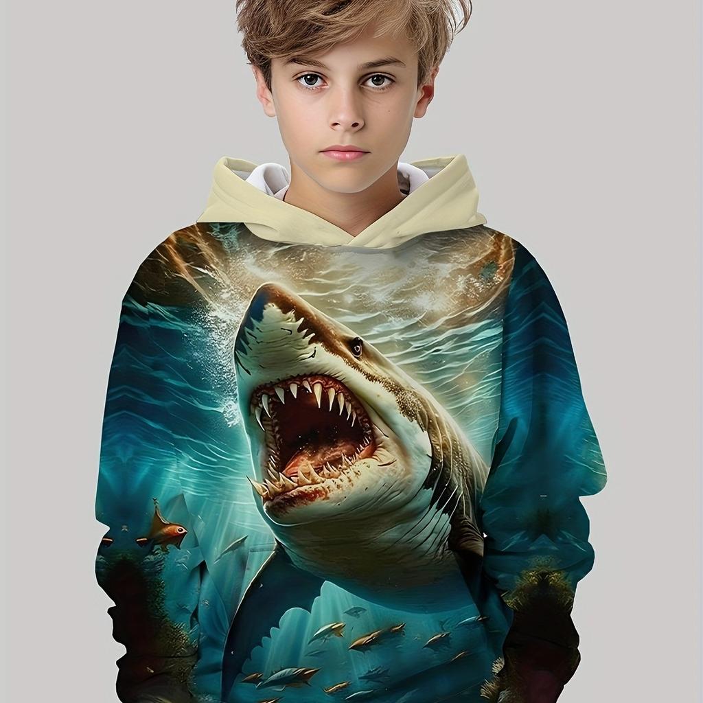 Детская одежда Толстовки с капюшоном для мальчиков с длинным рукавом и принтом акулы 3D Детская одежда на весну и осень Повседневная уличная одежда для девочек Топы
