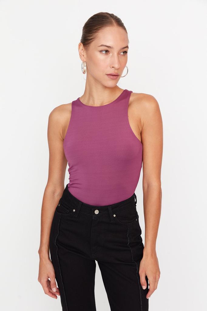 Women's Fashion New Bodysuit Green Halter Neck Fitted Flexible Snap Fastener Knitted Bodysuit