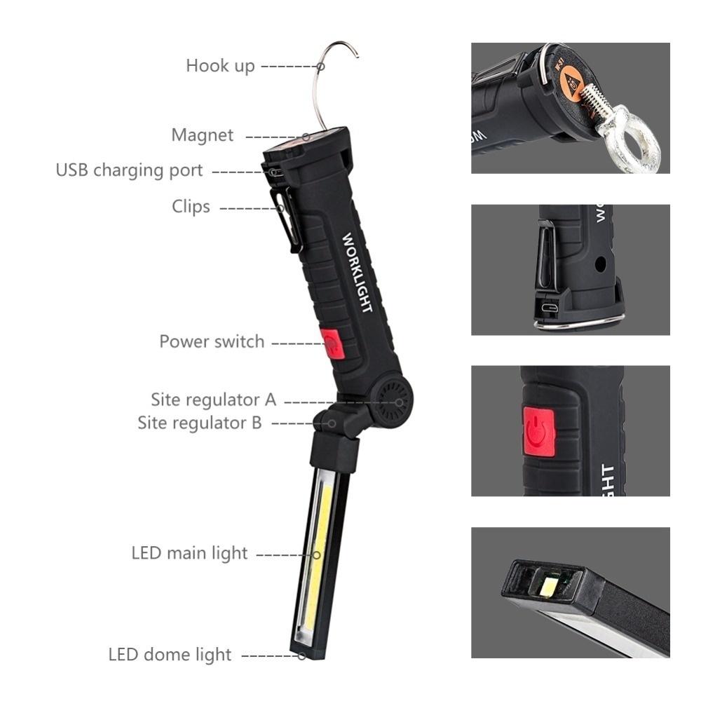 Portable COB LED Work Light USB Rechargeable Waterproof Magnetic Workshop Inspection Flashlight Outdoor Hiking Camping Light
