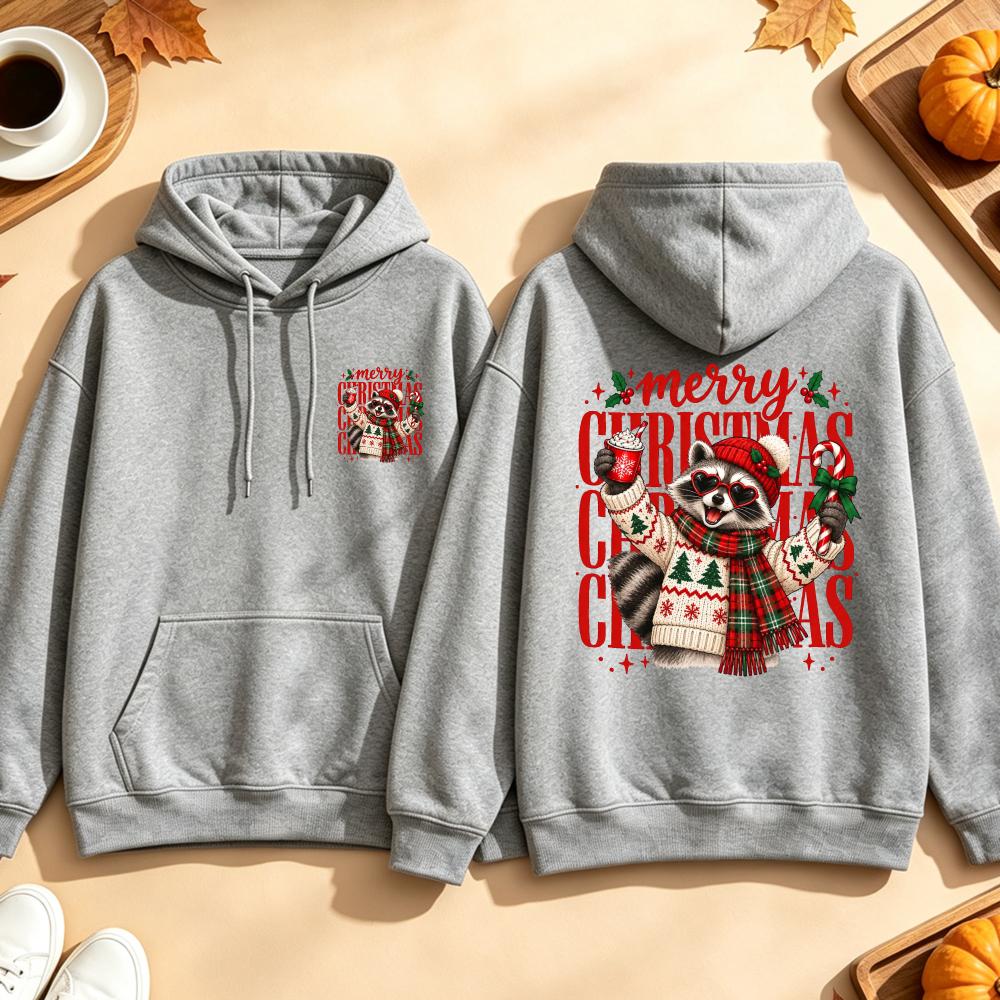 Merry Christmas Raccoon Hoodie Cute Heart Sunglasses Hot Cocoa Graphic Sweatshirt Winter Scarf Sweater Unisex Pullover Tops