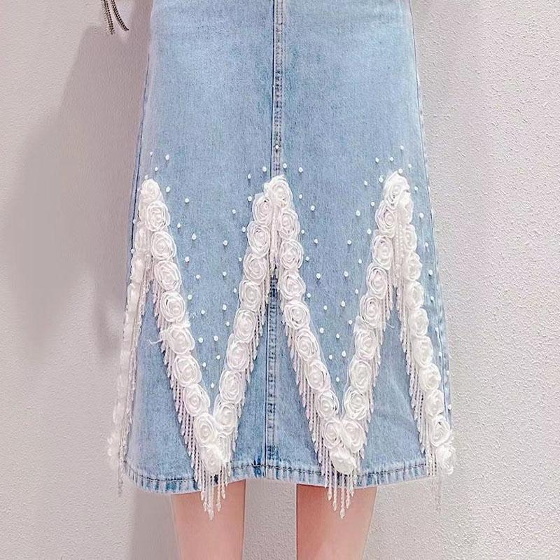 Fashionable 3D Flowers Denim Skirt for Women with High Waist and Beaded Tassels