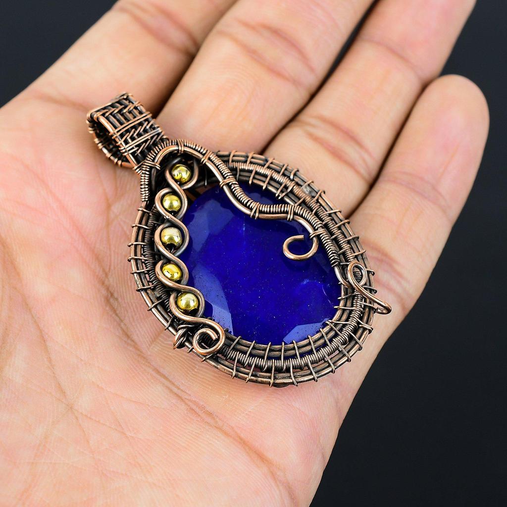 Созданный в лаборатории синий сапфир, ювелирные изделия, подвеска ручной работы из чистой медной проволоки, обернутая драгоценными камнями