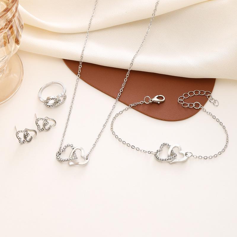 2024 Elegant European-American Double Heart Bridal Necklace Set - Light Luxury Jewelry Four-Piece