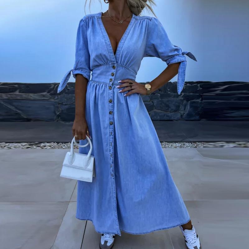 Платье для вечеринки в праздничном стиле с рукавом три четверти, женское весенне-летнее шикарное макси-платье с V-образным вырезом, элегантное женское платье на одной пуговице, 2025