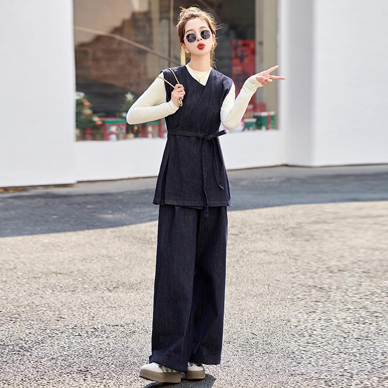 Spring 2025 Fashionable Three-Piece Set: Stylish Base Shirt, Denim Vest, & Long Pants