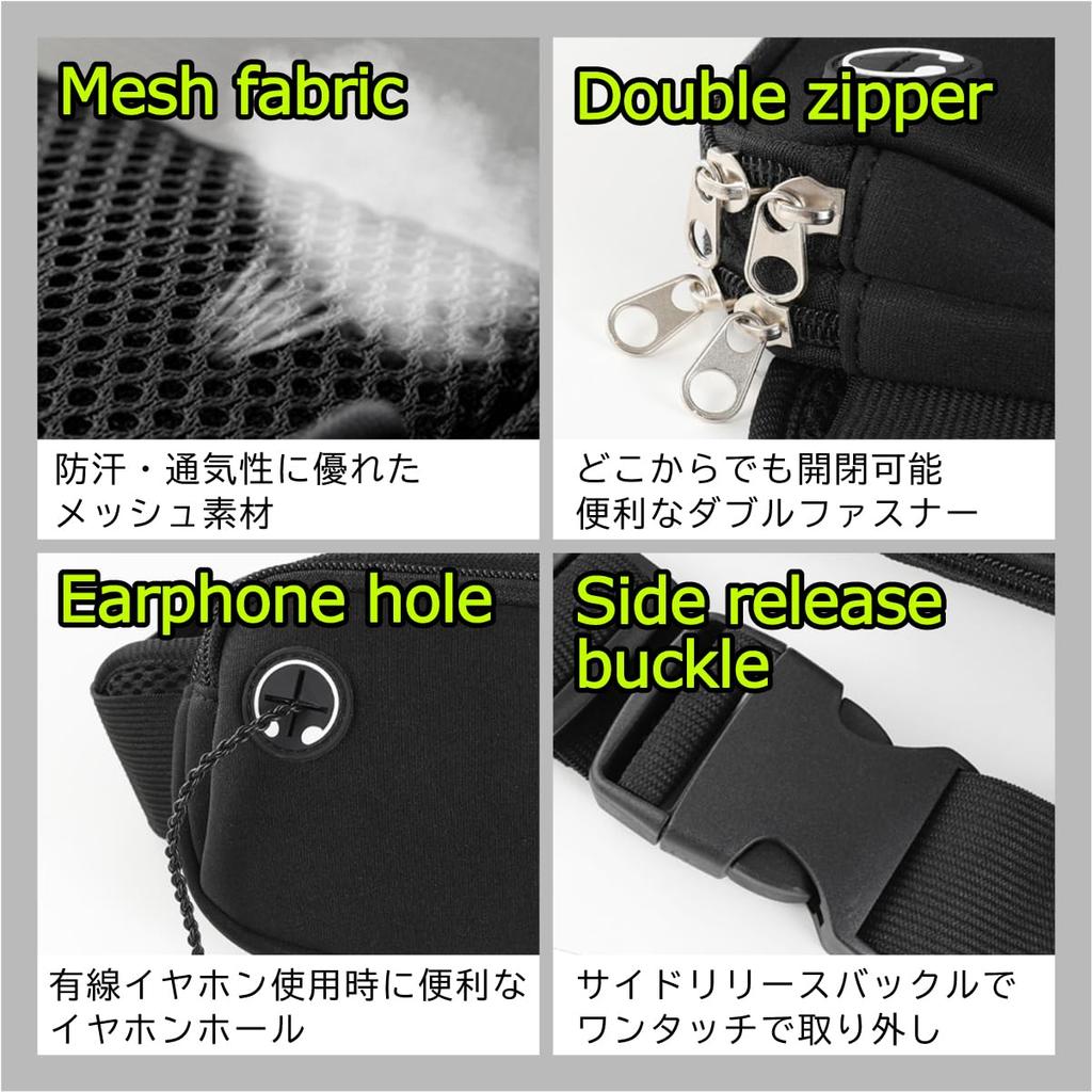 [KASSAI] Waist running bag, lightweight with earphone hole, double-layer storage,