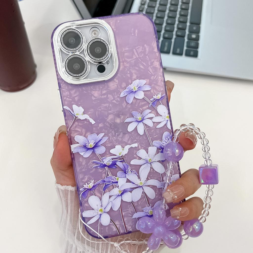 For Apple 16E Flower Phone Case for IPhone 15 Promax with Bracelet Sparkling Pink Lens Film Hard Case