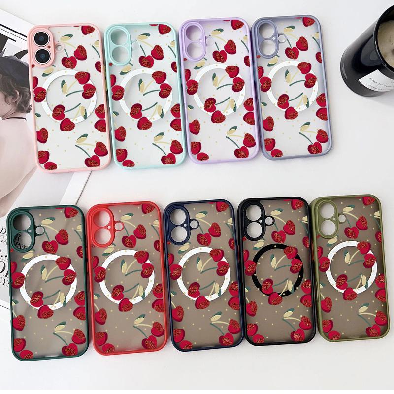 Cherry Pattern Magnetic Shockproof Phone Case for iPhone 16 15 14 Plus 13 12 Pro Max 11 Acrylic Hard Clear Plain Color Soft Edges Lens Protection Case