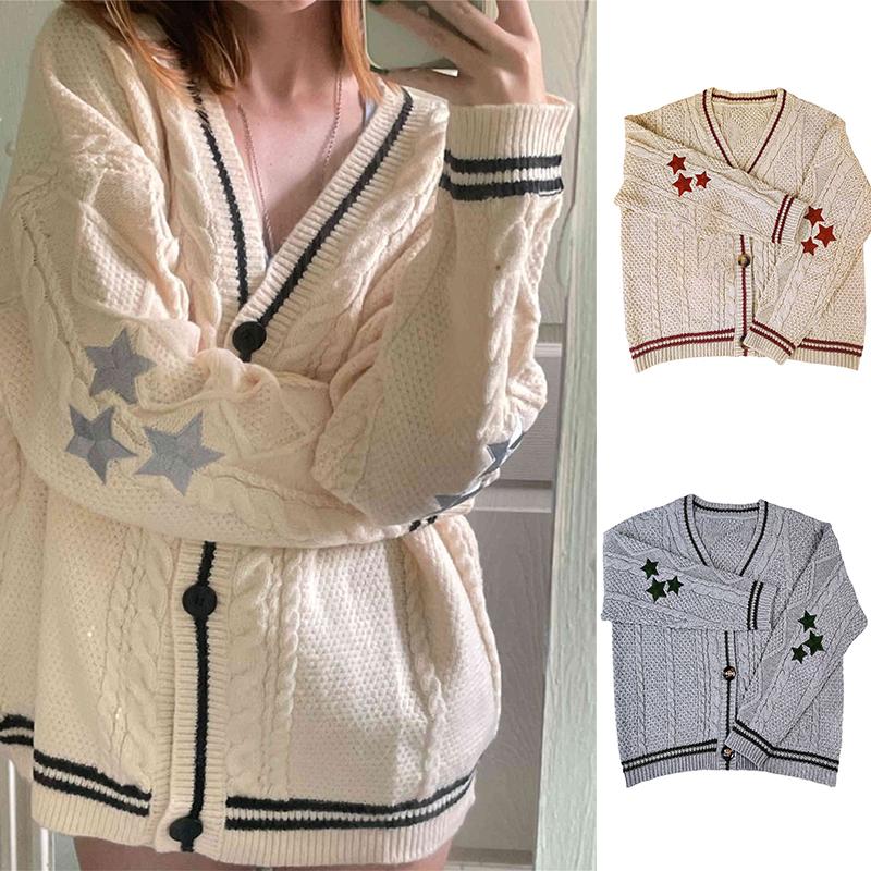 Winter Loose Cardigans Women Star Embroidered Tay Vintage Y2K Streetwear Autumn Single Breasted Long Sleeve Top Swift Knitted Sweaters