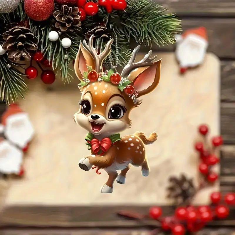 2D Acrylic Cartoon Fawn Christmas Tree Pendant Christmas Cartoon Cute Elk Hanging Decorations New Gifts Party Decor