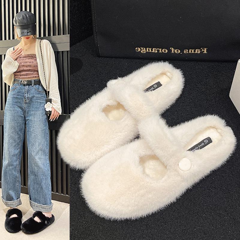 French flat-bottomed fluffy slippers for women's new autumn and winter one-pedal versatile plush cotton slippers