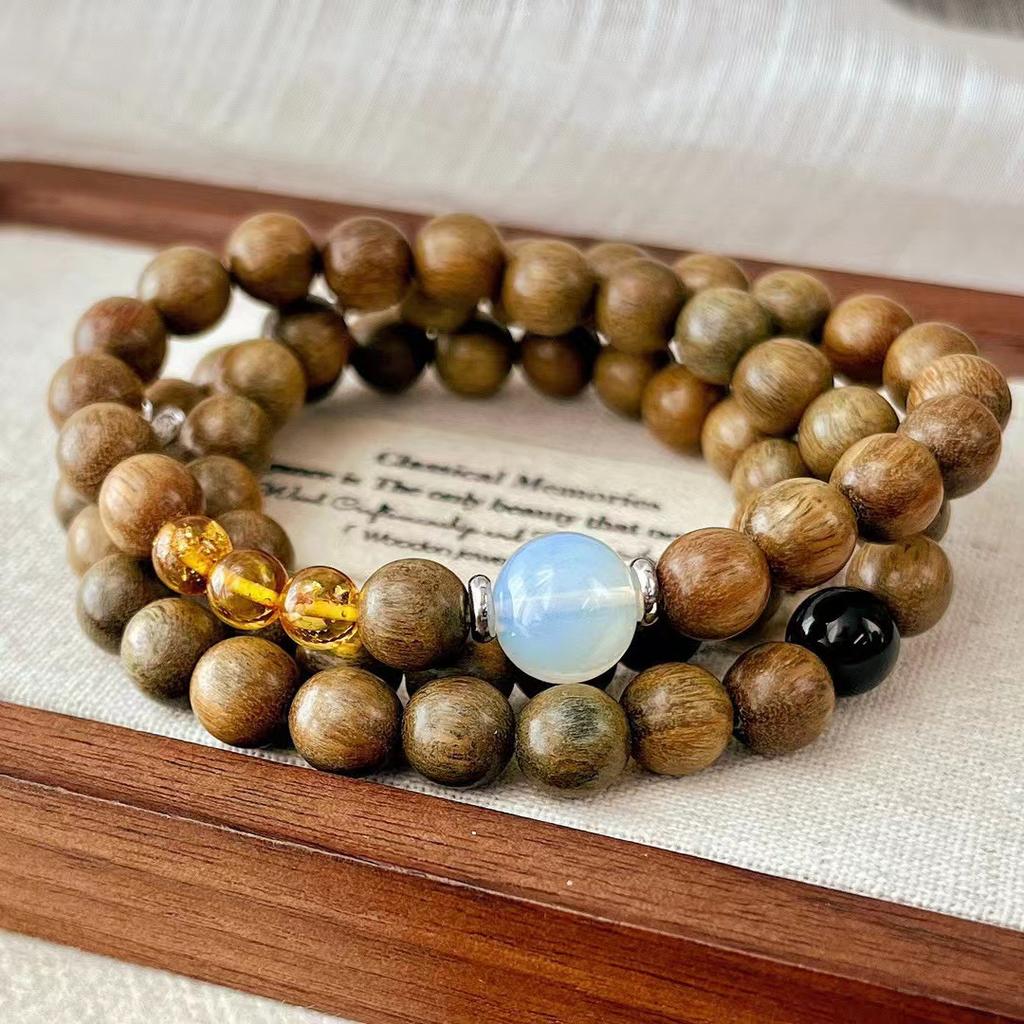 Vintage Maillard Style Natural Black Agate Amber Sandalwood Contrast Color Bracelet Bracelet