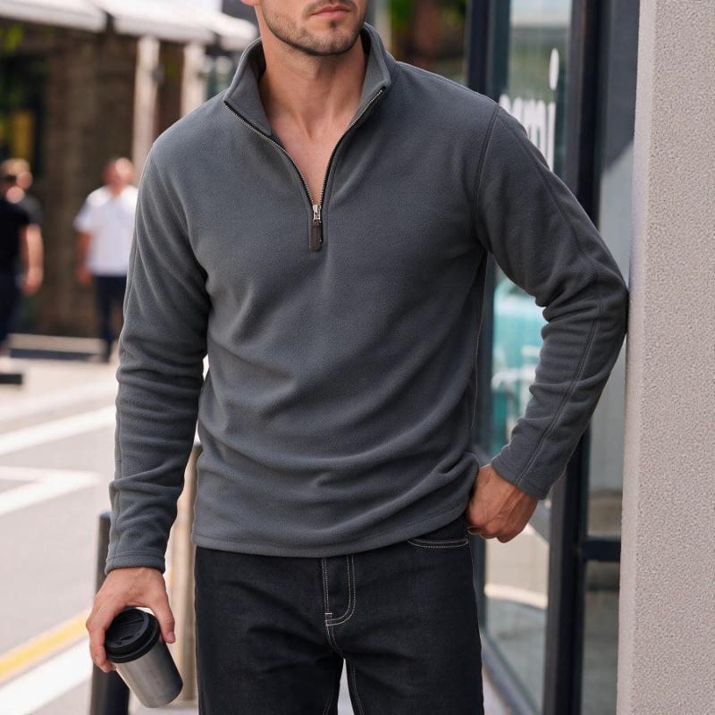 Men S Fleece Half Zip Solid Color Stand Collar Sweatshirt