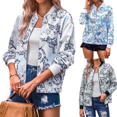 Женская мода с принтом и воротником-стойкой, повседневная тонкая куртка на молнии с длинными рукавами