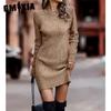 Autumn Winter Clear Color O-Neck Long Sleeve Sweater Dress for Women