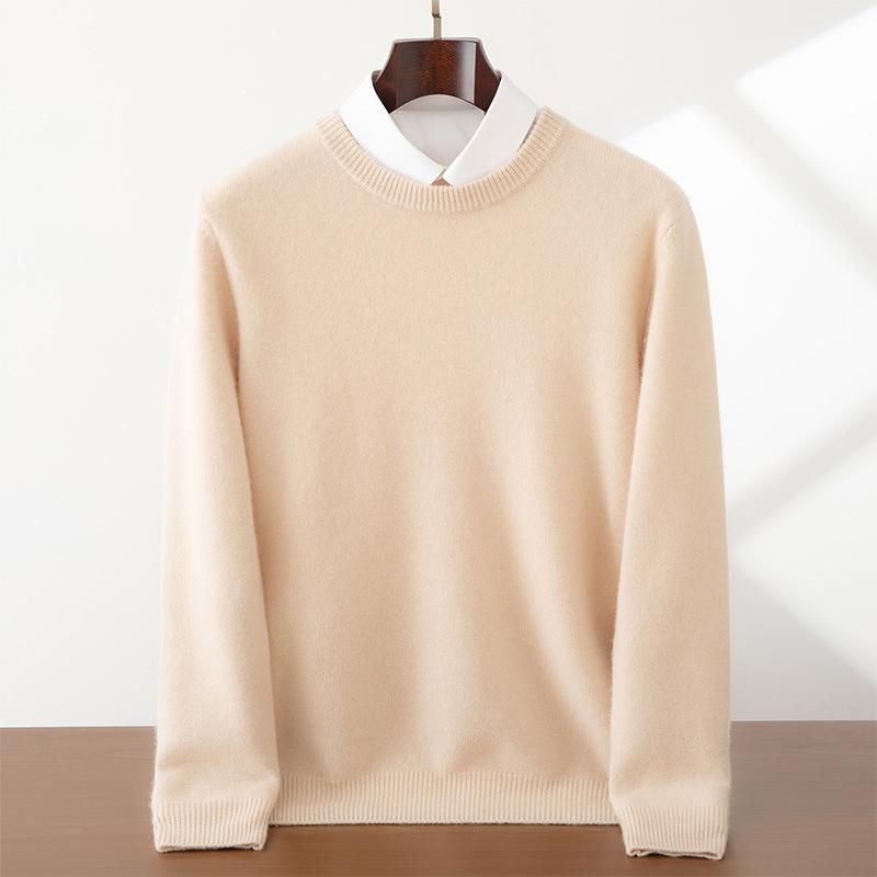 Мужской кашемировый свитер с круглым вырезом, плотной вязки, однотонный - Business Casual, свободная вязка, базовый слой для осени и зимы