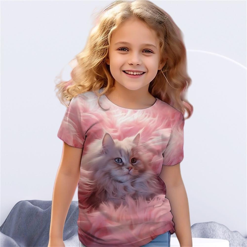 Детская одежда для мальчиков и девочек Футболка с принтом 3D Cat и короткими рукавами, топ с круглым вырезом