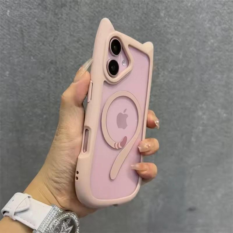 Ins Cute Cat Tail Magsafe Phone Case For iPhone 16 15 14 13 11 12 Pro Max Cat Ear Bumper Transparent Shockproof Hard PC Cover