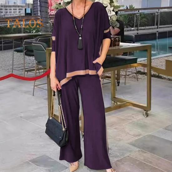 Женский комплект из 2 предметов: топ и брюки, V-образный вырез, рукава три четверти, толстовка с эластичной резинкой на талии, широкие спортивные штаны, спортивный костюм, осенний повседневный спортивный костюм