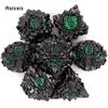 7 Pcs Black Green Lotus Flower  Metal Dice Solid Metal Polyhedral Dice Set Suitable for Role-Playing RPG  Board Game Card Game