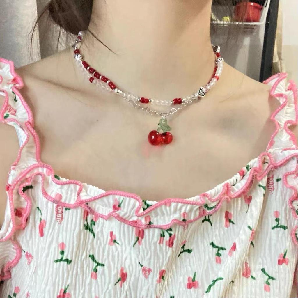Korean Style Cherry Beaded Necklace for Women - Versatile Summer Clavicle Chain, Cute & Sweet Style