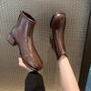 Fashion Autumn Winter Square Toe British Mid-heel Ankle Boots Brown Thick-heel Boots Women's Elastic Boots Booties Woman Boot Shoes High