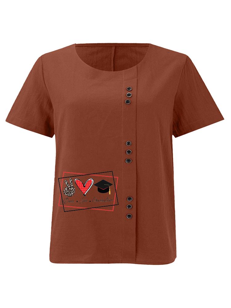 Women's Fashion Love Print Shot Sleeve T-shirt Loose Cotton Shirt Casual Loose Summer Blouse Tops Plus Size