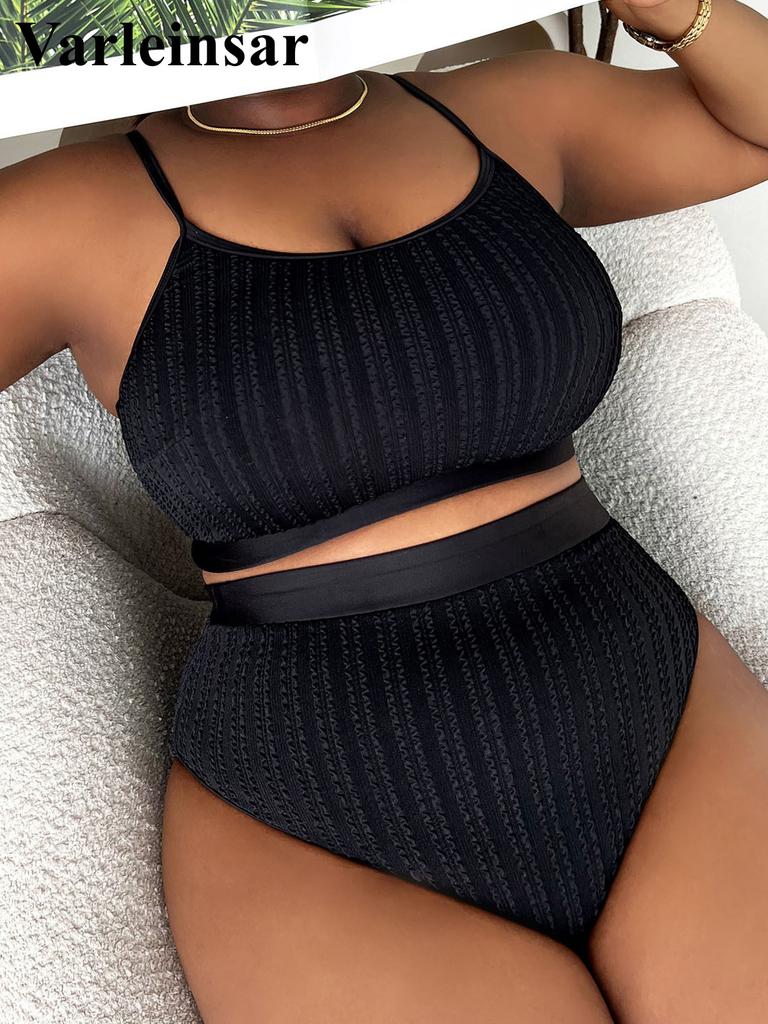 0XL - 4XL Ribbed Bikini Large Size Swimwear Plus Size Women Swimsuit Female Two-pieces Bikini Set Bather Bathing Suit Swim V4987