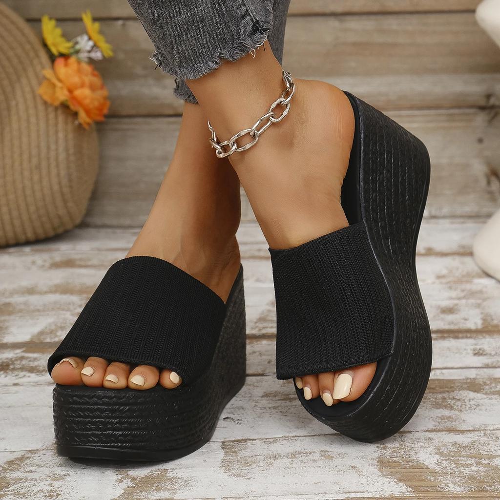 Fashion Elastic Fabric Chunky Platform Slippers for Women Thick Bottom Non Slip Summer Sandals Woman Fashion Wedge Heel Sandalias Mujer