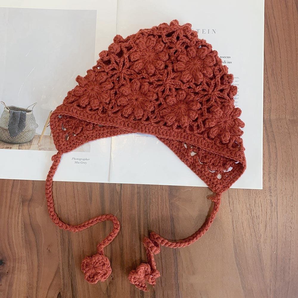 Crochet Beret Cap Hollow Flower Skullies Hat Breathable Princess Cap  for Child Girls