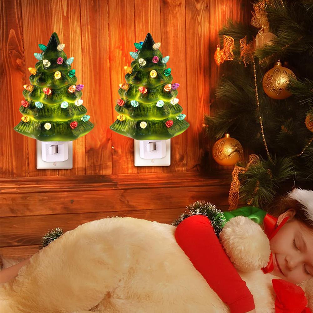 Christmas LED Night Light Ceramic Decorations Vintage Xmas Tree Wall Plug In Night Lamp Nightlight Christmas Gifts Warm Light