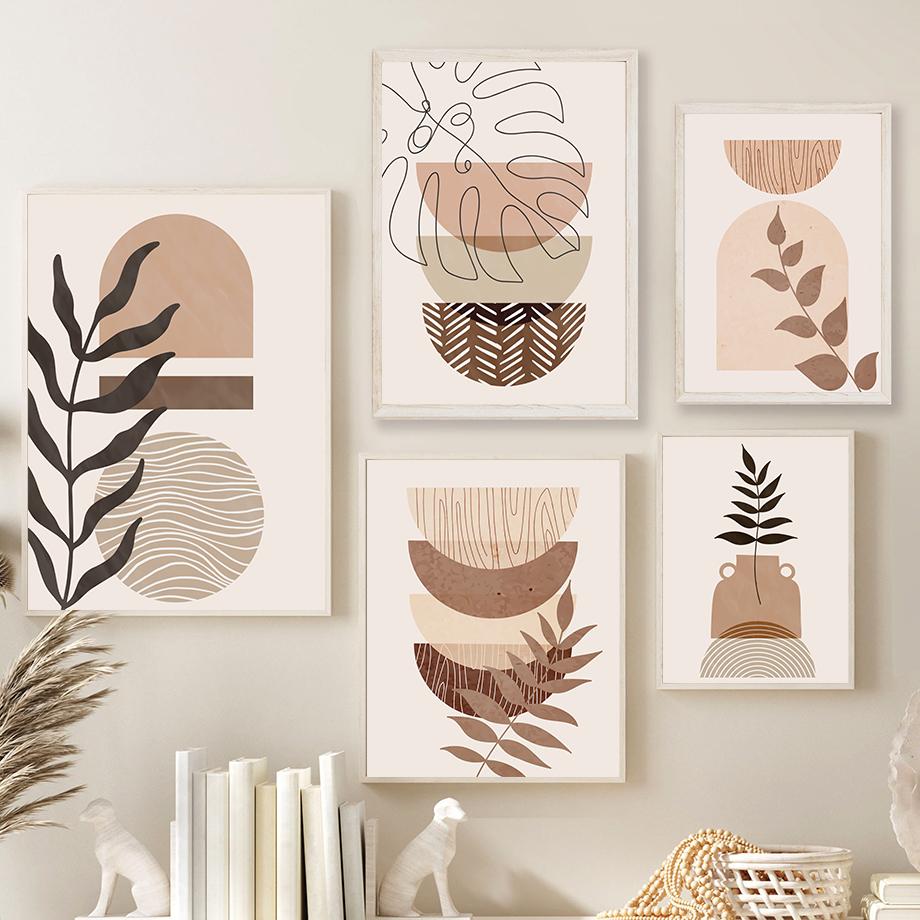 Monstera Leaves Geometric Abstract Boho Canvas Painting, Nordic Posters and Prints, Beige Pictures for Living Room Decor