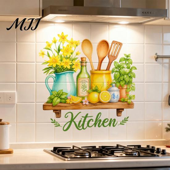 Самоклеящиеся наклейки на стену, акварельные наклейки для кухни, лимонно-зеленое растение, чайник, само?Клейкие наклейки, Маслостойкая водонепроницаемая бумага для плиты