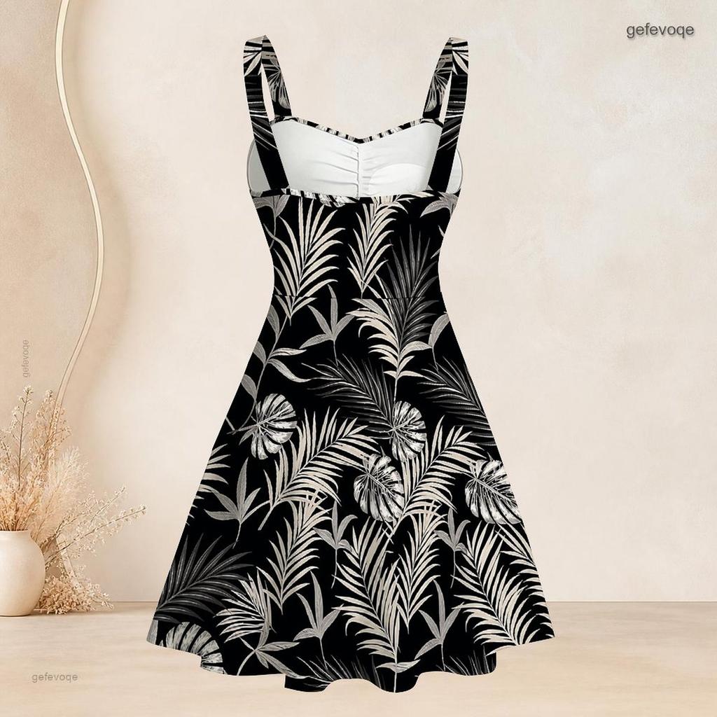Women Plus Size Black Tropical Leaf Printed Square Neck Sleeveless Strappy Flared Dress