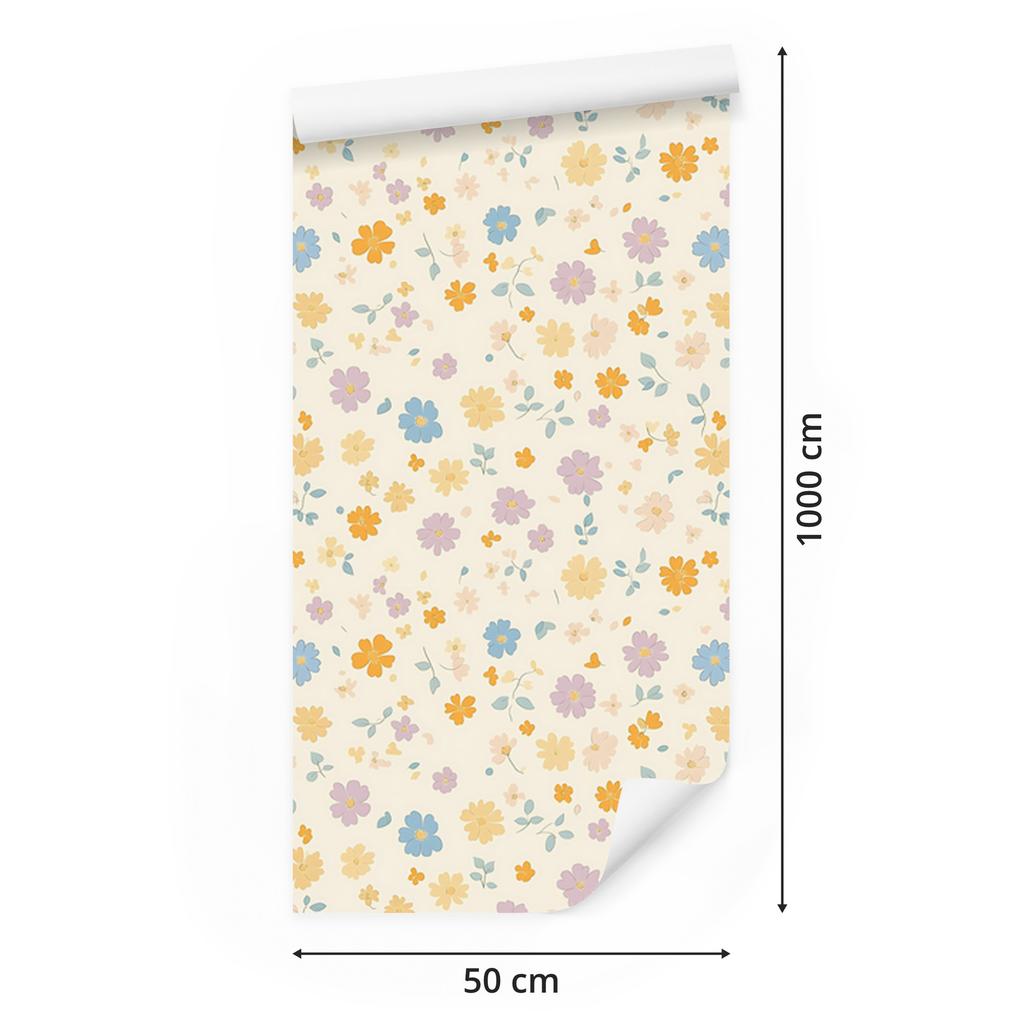 Cottagecore Flowers Wallpaper White, Cream, Light Gray and Coral 50x1000
