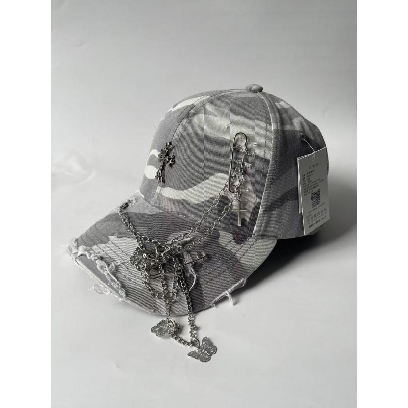 Distressed Cross Chain Baseball Cap With Butterfly Charm Unisex Streetwear Hat Cotton Bend Brim Adjustable