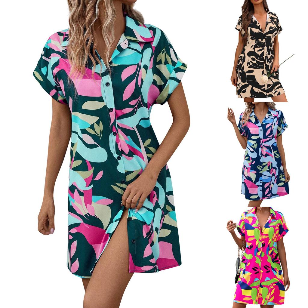 Модная женская свободная блузка с цветным принтом и пуговицами, блузка с короткими рукавами, платье