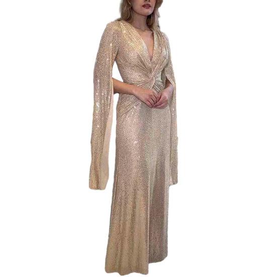 Женское вечернее платье с разрезом на рукавах, глубокий V-образный вырез, блестящие пайетки, облегающее, с узкой талией и узлом, плиссированное, полная длина, сплошной цвет, женское платье для выпускного банкета, макси