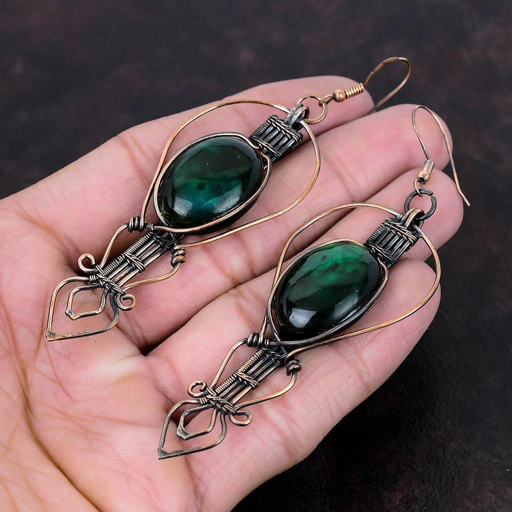 Серьги из зеленого огненного лабрадорита, серьги из медной проволоки, ювелирные изделия из лабрадорита и меди, изящные серьги из драгоценных камней, ювелирные изделия ручной работы, подарок для мамы